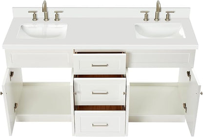 ARIEL Hamlet 66-inch Bathroom Vanity with Sink,Solid Wood, 1.5-inch Pure White Quartz Countertop & Backsplash, Double Rectangular Porcelain Sink, 4 Soft Closing Doors, 3 Dovetail Drawers, White