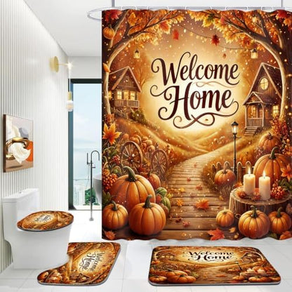 Yddsky 4PCS Fall Maple Pumpkin Shower Curtain Sets for Bathroom,72x72 Inch