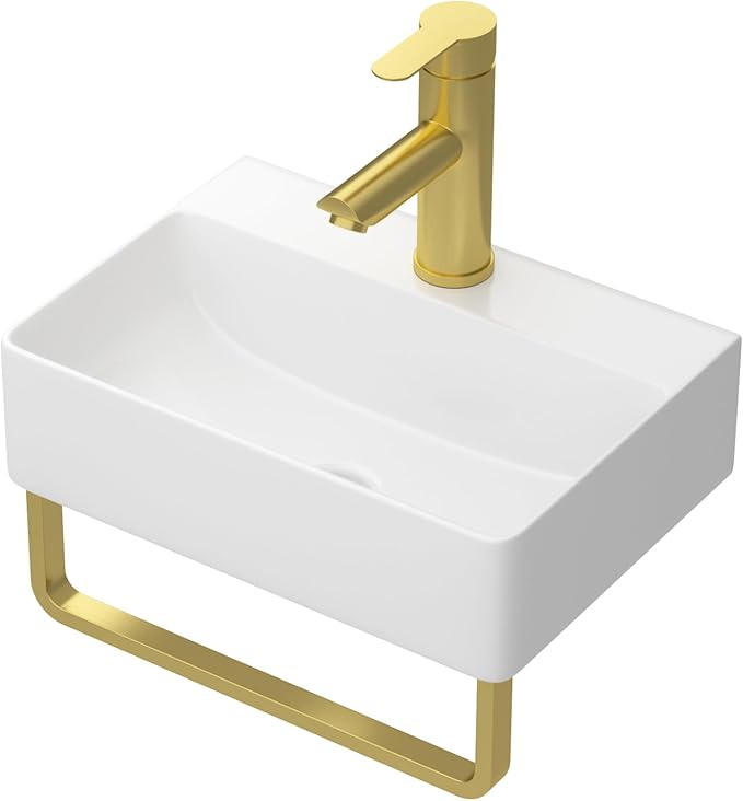 Floating Bathroom Sink Wall Mounted - 14"x10" Rectangular Vessel Sink With Gold Faucet & Drain Combo Small Modern White Ceramic Porcelain Vessel Vanity Sinks