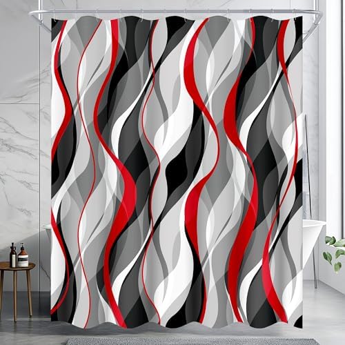 weesire Red and Grey Shower Curtain for Bathroom Red and Black Shower Curtain Fabric Modern Abstract Striped Minimalist Bath Curtains Waterproof Shower Curtains Set, Black Gray Red, 72 x 72 Inch