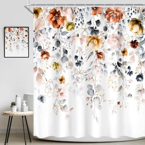 Floral Rustic Wildflower Watercolor Plant Grey Bathroom Shower Curtain Set