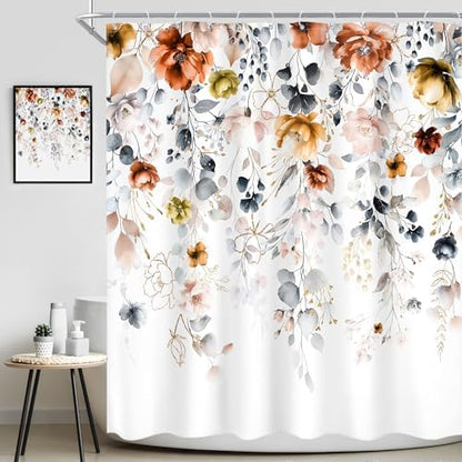Floral Rustic Wildflower Watercolor Plant Grey Bathroom Shower Curtain Set