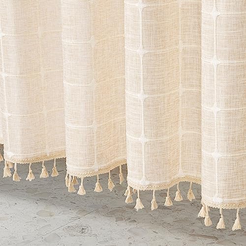 Boho Farmhouse Classic Plaid Linen Tassel Shower Curtain Cream,72x78