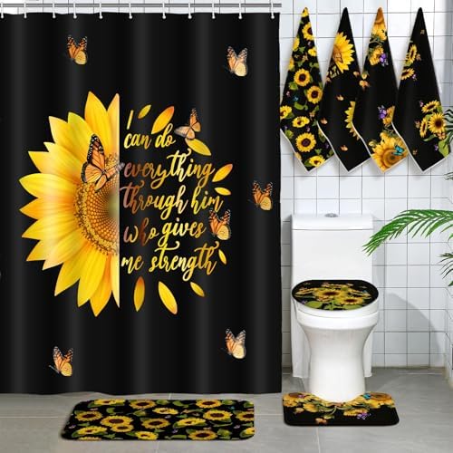 Honoson 8 Pcs Black Yellow Sunflower Shower Curtain Set, Rugs, Bath Mat