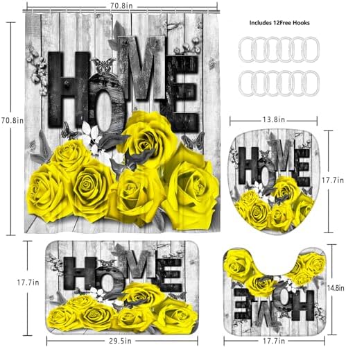 Yddsky 4 Pcs Yellow Rose Shower Curtain Set with Rugs Bathroom Set
