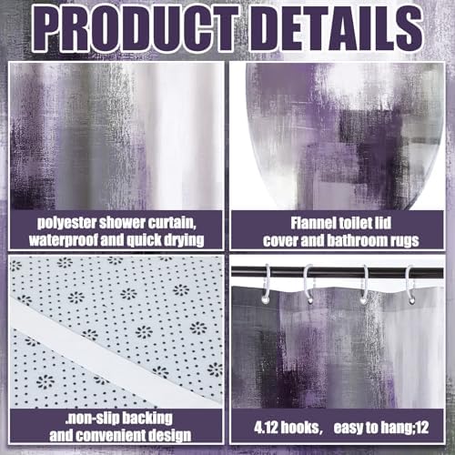 Honoson 8 Pcs Purple Shower Curtain Set, Purple and Grey Bathroom Decor