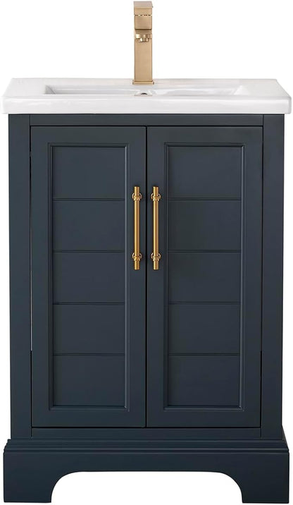 HOMEBEYOND 24 Inch Bathroom Vanity with Single Sink & Ceramic Top, Vanity Cabinet with Center Countertop Basin, Soft-Closing Doors, Vintage Spruce Blue