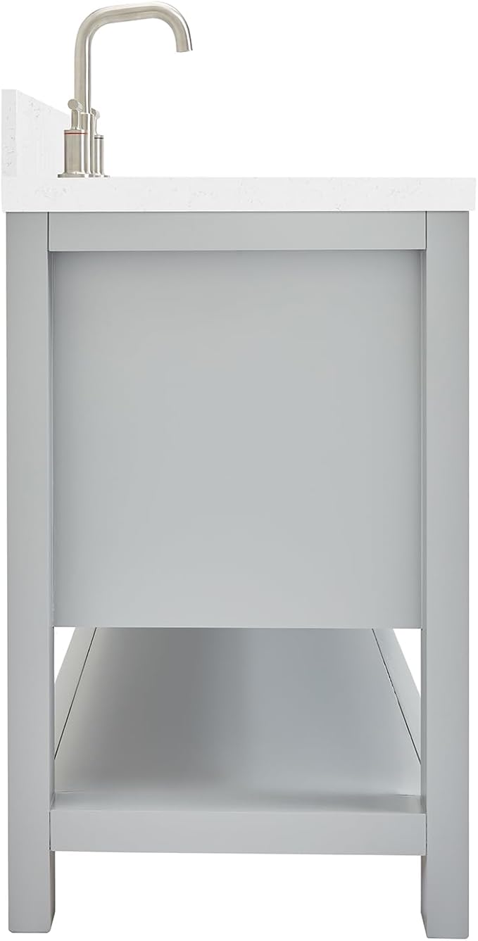 ARIEL Magnolia 60-inch Bathroom Vanity with Sink,Solid Wood, 1.5-inch Carrara White Quartz Countertop & Backsplash, Double Rectangular Porcelain Sink, 4 Soft Closing Doors, 3 Dovetail Drawers, Grey
