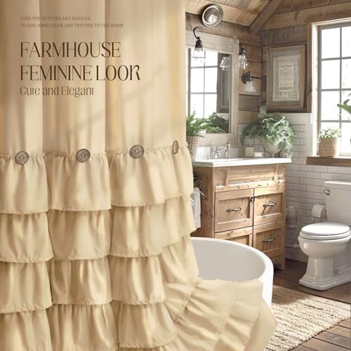 Ruffle Farmhouse Shower Curtain, Beige Vintage Shower Curtains for Bathroom Fabric Cute Rustic Cloth, 72" W X 72" L Inch