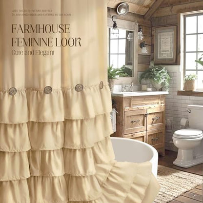 Ruffle Farmhouse Shower Curtain, Beige Vintage Shower Curtains for Bathroom Fabric Cute Rustic Cloth, 72" W X 72" L Inch