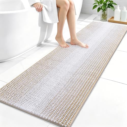 OLANLY Bathroom Runner Rugs 59x20, Soft Chenille Striped Bath Rugs, Beige