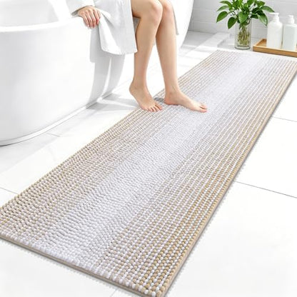 OLANLY Bathroom Runner Rugs 59x20, Soft Chenille Striped Bath Rugs, Beige
