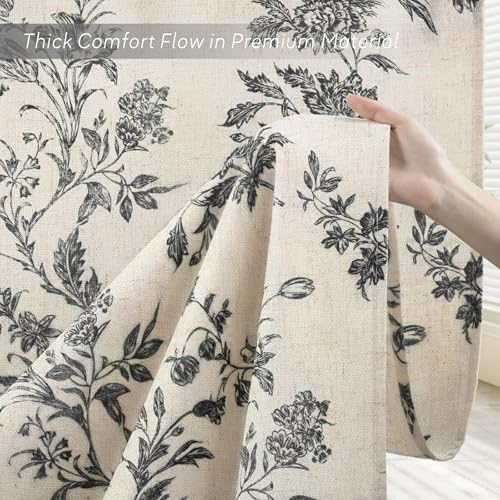 Black Floral Shower Curtain,Vintage Linen Beige Cottagecore Shower Curtains for Bathroom, 72" W x 78" L