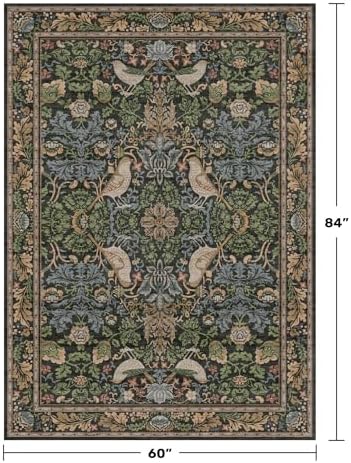 Hazo Haus Vintage Floral Area Rug 5x7 for Living Room - Dark Green Forest Bird Rugs for Bedroom, Dining Room, Office, Non Slip Stain Resistant Low Pile