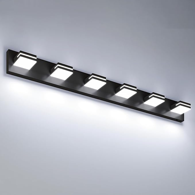 VOLISUN Modern Bathroom Vanity Light Fixtures (6-Light, 48-Inch), Matte Black LED Bathroom Lighting Fixtures Over Mirror, 360°Rotatable Head, LED Vanity Lights for Bathroom (Cool White 6000K)