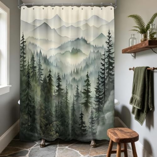 Sage Green Forest Shower Curtain, 60X72 in, Mountain Rustic Pine Tree