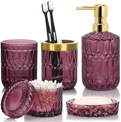 Bathroom Accessories Set, 5Pcs Bathroom Soap Dispenser Set, Glass Bathroom Accessories with Glass Soap Dispenser, Soap Dish, Toothbrush Holder, Tumbler, Cotton Swab Jar (Red)