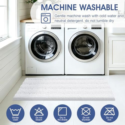 ACCUMTEK Striped White Bathroom Rug Set 3 Pieces Ultra Soft, Non Slip Chenille Toilet Mat, Absorbent Plush Shaggy Bath Mats for Bathroom, Bedroom, Kitchen, Ivory