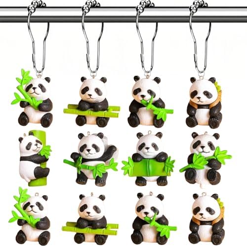 12Pcs Bamboo Panda Shower Curtain Hooks Decorative for Curtain Rods, Cute Animals Shower Curtain Rings, Silver Stainless Steel Metal Shower Curtain Hanger Hooks, Green Kids Bathroom Decor Accessories