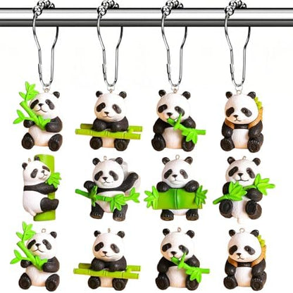 12Pcs Bamboo Panda Shower Curtain Hooks Decorative for Curtain Rods, Cute Animals Shower Curtain Rings, Silver Stainless Steel Metal Shower Curtain Hanger Hooks, Green Kids Bathroom Decor Accessories