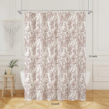 Burgundy Boho Linen Fabric Shower Curtain ,Farmhouse Floral For Bathroom