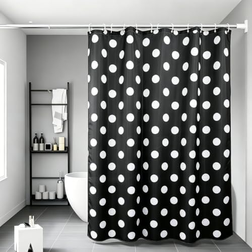 Polka Dots Shower Curtain, Black White Waterproof Fabric Shower Curtain for Bathroom with Modern Abstract Geometric Circle Bath Curtain Decor with Hooks, Machine Washable, 72''Wx72''L
