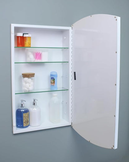 Fox Hollow Furnishings 16x26 Harper Crescent Metal Framed Rectangle Recessed Bathroom Medicine Cabinet, Arced Mirror, 14x24 in-Wall Opening, Adjustable Glass Shelves, Magnet Close, White
