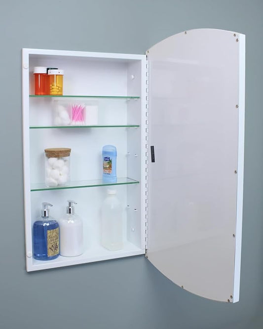 Fox Hollow Furnishings 16x26 Harper Crescent Metal Framed Rectangle Recessed Bathroom Medicine Cabinet, Arced Mirror, 14x24 in-Wall Opening, Adjustable Glass Shelves, Magnet Close, White