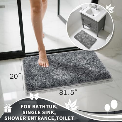 Yimobra Chenille Bathroom Rugs Non Slip, Extra Thick Soft Absorbent Bath Rug 31.5x20 Inch, Machine Washable Quick Dry Bath Mat for Bathroom Floor, Tub and Shower, Home Decor Accessories, Silver
