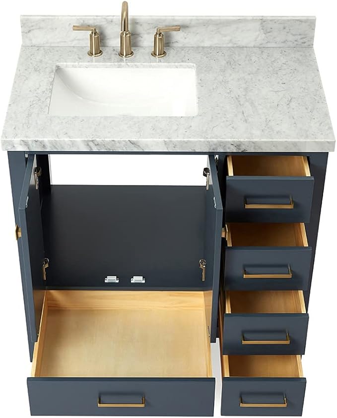 ARIEL Cambridge 36-inch Bathroom Vanity with Sink,Solid Wood, 1.5-inch Italian Carrara Marble Countertop, Single Rectangular Porcelain Sink, 2 Soft Closing Doors, 5 Dovetail Drawers, Midnight Blue