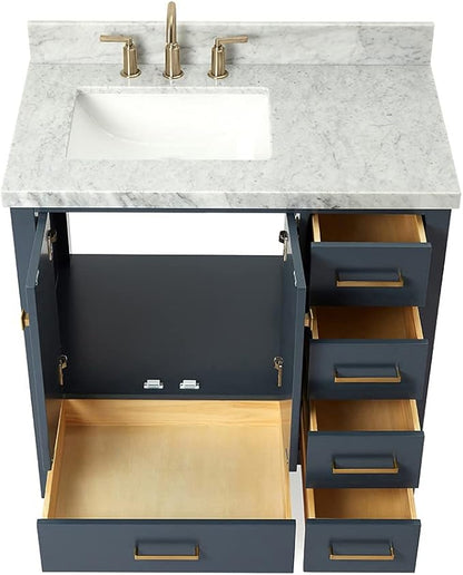 ARIEL Cambridge 36-inch Bathroom Vanity with Sink,Solid Wood, 1.5-inch Italian Carrara Marble Countertop, Single Rectangular Porcelain Sink, 2 Soft Closing Doors, 5 Dovetail Drawers, Midnight Blue