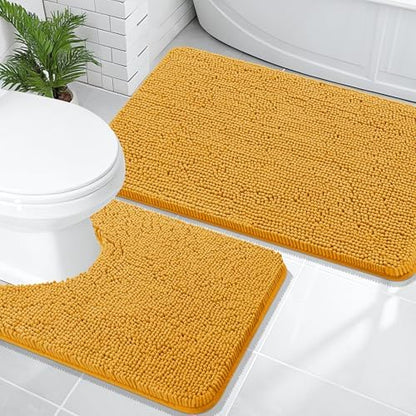 OLANLY Chenille Bathroom Rugs Sets 2 Piece, 36"x24"+24"x20", Golden Yellow
