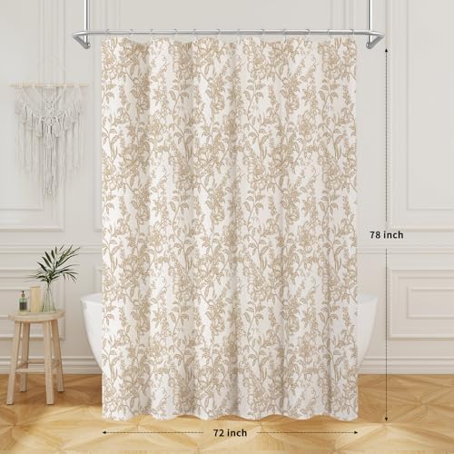 Brown Boho Linen Fabric Shower Curtain , Farmhouse Floral For Bathroom