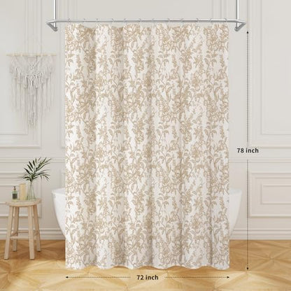 Brown Boho Linen Fabric Shower Curtain , Farmhouse Floral For Bathroom