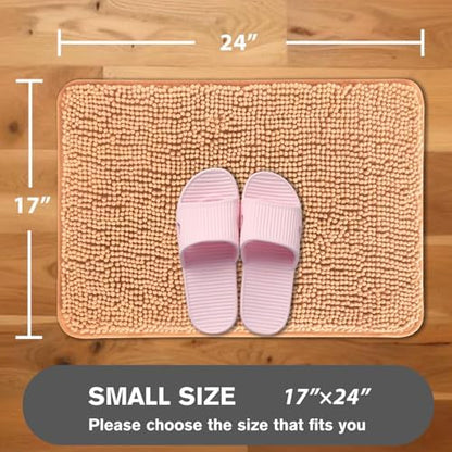 Peach Bathroom Rugs – Absorbent and Washable Bath Mat, Non-Slip, Thick Soft Chenille Bath Rugs for Bathroom Floor, Shower, Sink - 17" x 24"