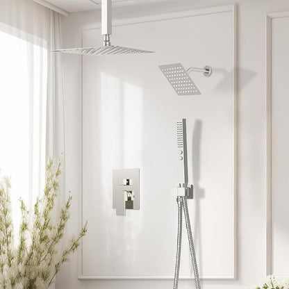 Shower System Shower Faucet Set, STARBATH 12"+6" Ceiling Mount Rain Shower Head and Handheld Spray for Two Person, Rainfall Shower System with Diverter Valve and Trim Kit Complete,Brushed Nickel