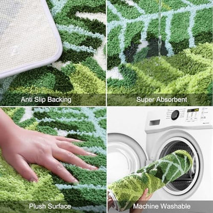 Leaves Bath Mat Green Area Rug 2 Piece Non-Slip Soft Absorbent Bathroom Rugs Set Machine Washable Bath Rug Floor Carpet Entryway Door Mat for Tub Shower Decor (17.5 X 25.5+19.5 X 31.5 Inches)