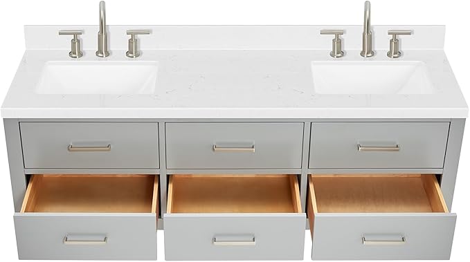 ARIEL Hutton 60-inch Bathroom Vanity with Sink,Solid Wood, 1.5-inch Carrara White Quartz Countertop & Backsplash, Double Rectangular Porcelain Sink, 3 Dovetail Drawers, Grey