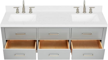 ARIEL Hutton 60-inch Bathroom Vanity with Sink,Solid Wood, 1.5-inch Carrara White Quartz Countertop & Backsplash, Double Rectangular Porcelain Sink, 3 Dovetail Drawers, Grey