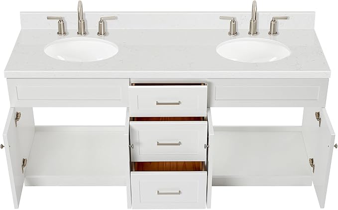 ARIEL Hamlet 72" Double White Bathroom Vanity, 1.5" Edge Carrara Quartz Countertop & Splash, Oval Sinks, 4 Soft Closing Doors, 3 Full Extension Dovetail Drawers, Toe Kick, Brushed Nickel