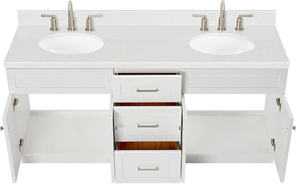 ARIEL Hamlet 72" Double White Bathroom Vanity, 1.5" Edge Carrara Quartz Countertop & Splash, Oval Sinks, 4 Soft Closing Doors, 3 Full Extension Dovetail Drawers, Toe Kick, Brushed Nickel