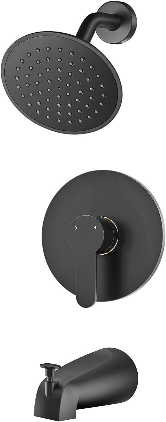 Black Shower Faucet Set with Tub Spout, Black Shower Head and Handle Set, Bathtub Faucet Set with 6 Inch High-Pressure Rain Showerhead