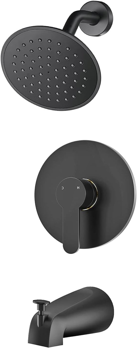 Black Shower Faucet Set with Tub Spout, Black Shower Head and Handle Set, Bathtub Faucet Set with 6 Inch High-Pressure Rain Showerhead