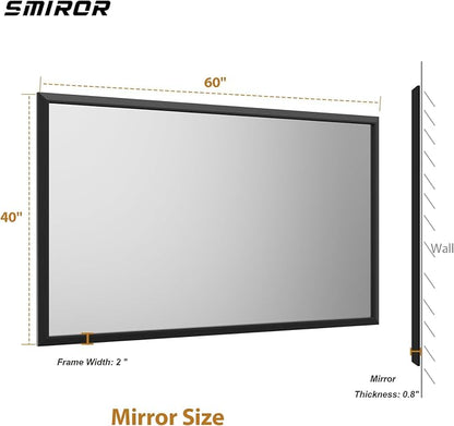 SMIROR 60x40 Matte Black Bathroom Vanity Mirror for Over Sink | Metal Wide Frame, Rectangle, Right- Angle Corner, Anti-Rust, Horizontally or Vertically Wall- Mounted for Home Remodel