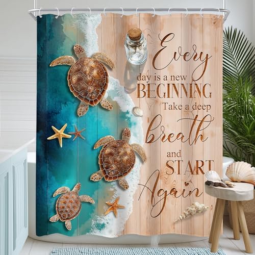 Ocean Beach Turtle Blue Brown Sand Beachy Sea Bathroom Shower Curtain Set