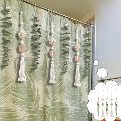 Yinkin Set of 12 Boho Eucalyptus Shower Curtain Hooks Rings Rustic Farmhouse Decor Rustproof Metal Decorative Hanger Set for Home Bathroom Bedroom Baby Room Curtain Decor (Rattan)