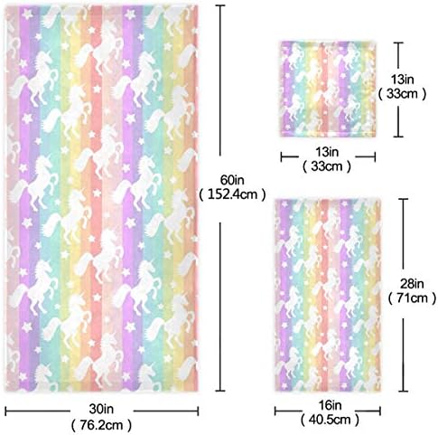 Naanle Beautiful Rainbow Stripe Unicorn Stars Soft Luxury Decorative 3 Pieces Set Towels, 1 Bath Towel+1 Hand Towel+1 Washcloth, Multipurpose for Bathroom, Hotel, Gym, Spa and Beach