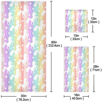Naanle Beautiful Rainbow Stripe Unicorn Stars Soft Luxury Decorative 3 Pieces Set Towels, 1 Bath Towel+1 Hand Towel+1 Washcloth, Multipurpose for Bathroom, Hotel, Gym, Spa and Beach