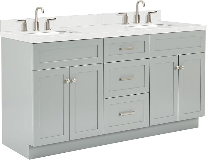 ARIEL Hamlet 66-inch Bathroom Vanity with Sink,Solid Wood, 1.5-inch Carrara White Quartz Countertop & Backsplash, Double Rectangular Porcelain Sink, 4 Soft Closing Doors, 3 Dovetail Drawers, Grey