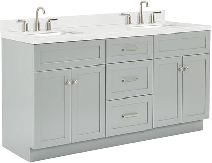 ARIEL Hamlet 66-inch Bathroom Vanity with Sink,Solid Wood, 1.5-inch Carrara White Quartz Countertop & Backsplash, Double Rectangular Porcelain Sink, 4 Soft Closing Doors, 3 Dovetail Drawers, Grey